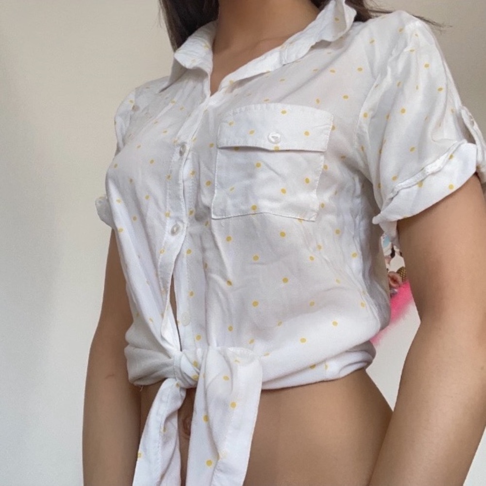 Dainty white with yellow polka dots button up blouse